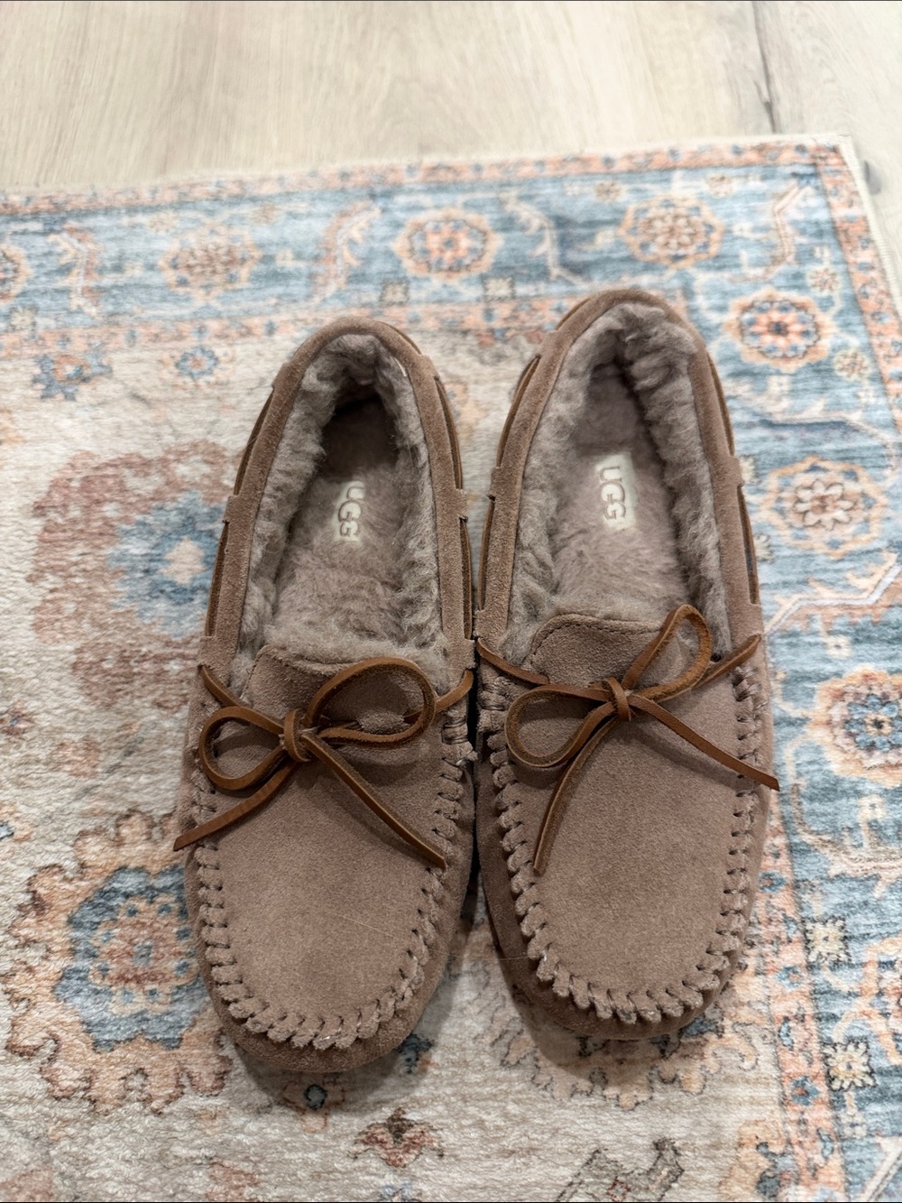 UGG Kids Chestnut/Taupe Suede Moccasin Slippers with Shearling